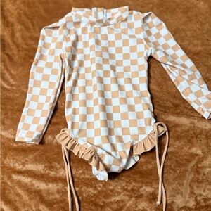 Kids Long Sleeve Checker Ruffle 2T 3T One-Piece Swimsuit in Beige and White